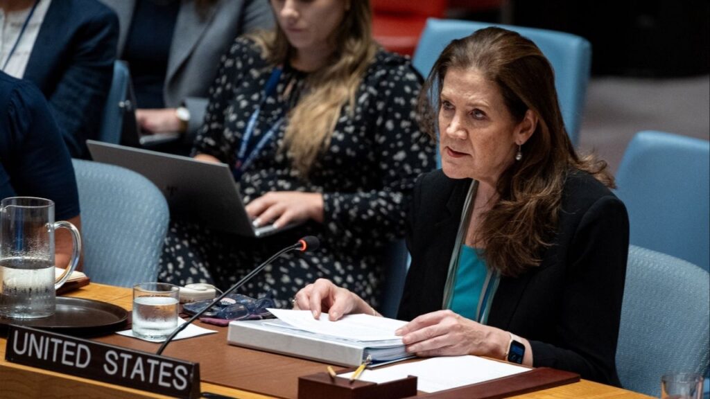 United States Ambassador to the United Nations Dorothy Shea addresses a meeting of the United Nations Security Council on the Israel and Palestinian conflict at U.N. Headquarters in New York City, U.S., August 27, 2025. (Reuters/Angelina Katsanis)