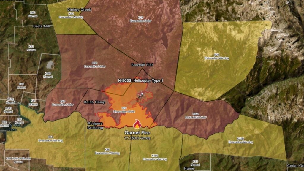 A map of the evacuation orders, warnings and Garnet Fire size as of Friday, Aug. 29, 2025. (CalFire)